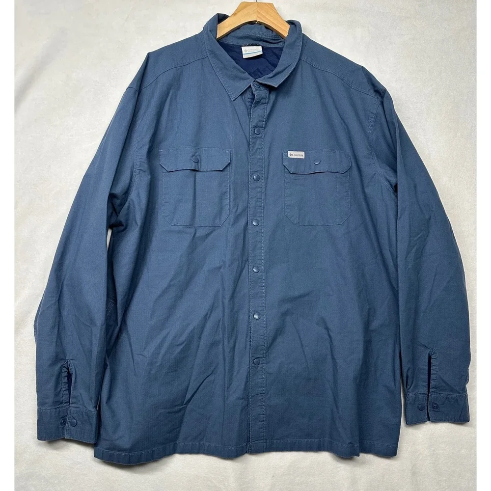 Columbia Mens Lined Shirt Jacket Blue Snap‎ Front 2X Cotton Blend windbreaker